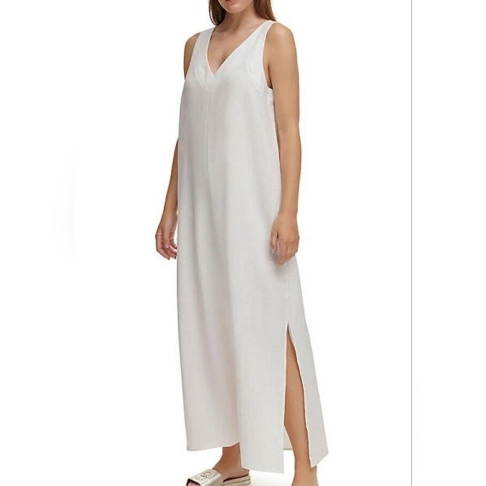 DKNY $115 retail White Linen Sleeveless Maxi Dress NWT With Slits Small